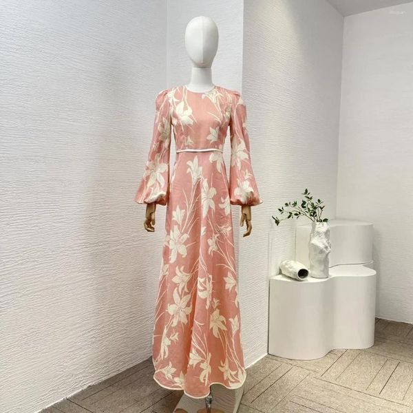 Robes décontractées en lin rose pivoine imprimé à manches longues robe midi 2024 Collection Femmes Vintage High Quality Vêtements pour les vacances