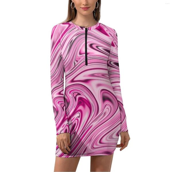 Robes décontractées Robe de marbre liquide à manches longues Art abstrait Imprimer Vacances modernes Femme Mode coréenne Moulante Grande taille 2XL