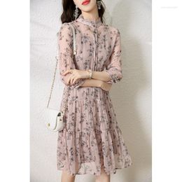 Casual Jurken Literaire Stijl Moerbei Zijden Jurk 2023 Zomer Dames Franse Retro Lichte Volwassen Gebroken Bloemenrok