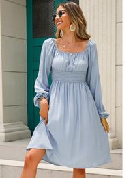 Vestidos informales LiTi para mujer, vestido de otoño 2023, cuello de una línea, Color sólido, temperamento en la cintura, gran oscilación, falda informal