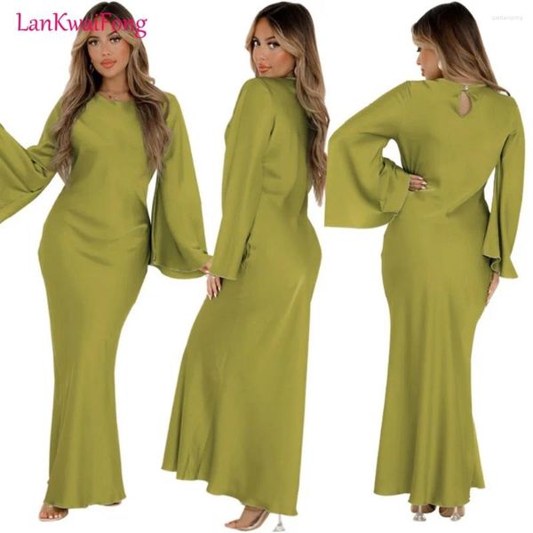 Robes décontractées lkf mode haut de gamme élégante robe satin ceinture sexy cou rond manche longue fête couleur solide en gros