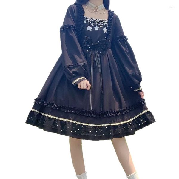Vestidos casuales lolita lindo volantes niñas princesa vestido gótico cosplay fiesta kawaii lentejuelas encaje manga larga halloween criada negro dulce