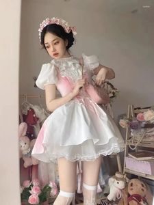 Robes décontractées Lolita Style coréen Sweet Princess Robe Femmes Bubble Sleeve Chemise blanche avec Y2K Grils Gradient Couleur Bandage Slip Mini
