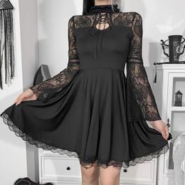 Casual Jurken Lolita Kant Uitlopende Mouw Mini Jurk Vrouwen Esthetische Gothic Emo Alt A-lijn Harajuku Grunge Dark Academia Kleding