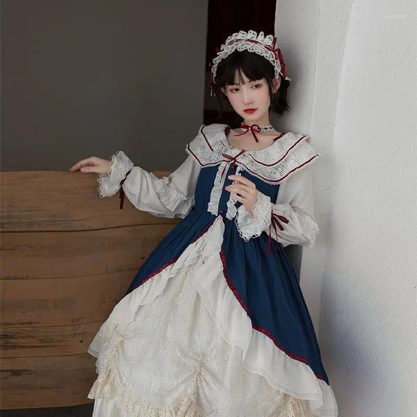 Robes décontractées Style Lolita Douce robe femme Slim taille A-Line Big Swing Female Ruffles en dentelle Couleur Couleur Patchwork Vestidos Mujer