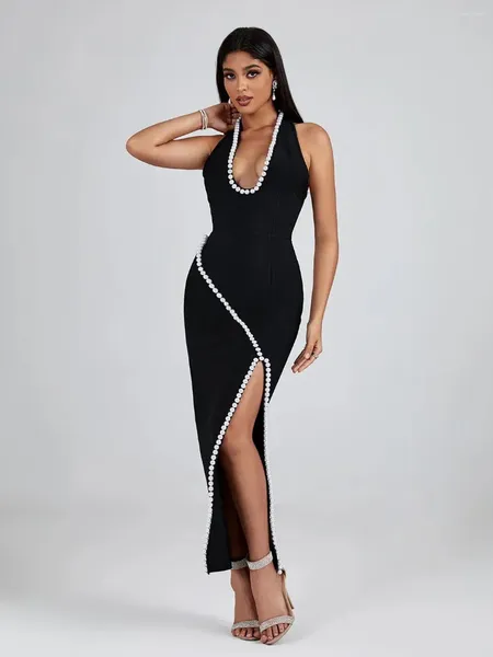 Robes décontractées Robe longue Bandage Noir Femmes Maxi Party Moulante Élégante Perlée Sexy Halter Dos Nu Anniversaire Club Soirée Tenues