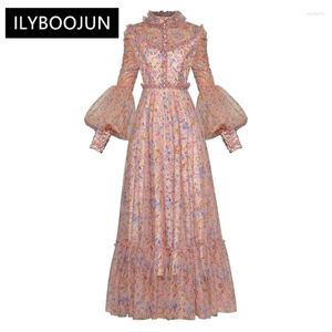 Casual jurken lange kleding ontwerper mode mode hoogwaardige lente dames print mesh lantern mouw runway vintage elegant chic feestje