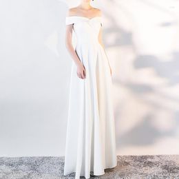 Casual jurken lange elegante avondjurk witte satijnen vrouwen feestjurken geplooid off-shoulder hoogwaardige Vestidos a-line zip terug