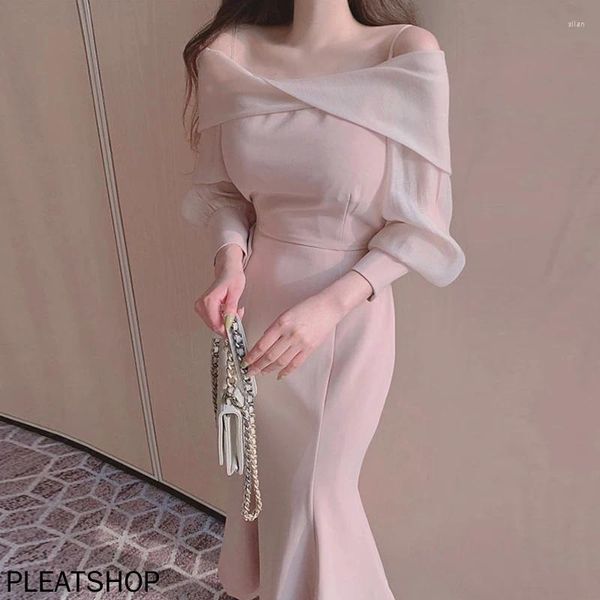 Vestidos informales Vestidos de cola de pescado largo para mujeres Cutas elegantes Elegante Ropa coreana de manga de burbujas Twisted