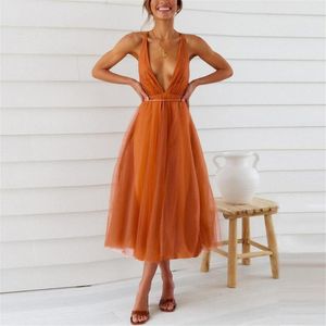 Vestidos casuales largos para la mascarada de las mujeres Tulle Bridemaid Profundo V Cuello sin respaldo Lace Up Empire Mujeres Cóctel CoralCasual