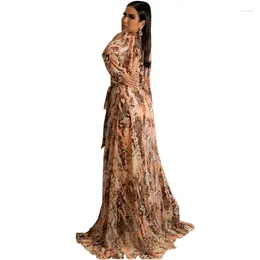 Casual jurken lang voor vrouw luxe ontwerper slangenprint damesmode v-hals mouw riem omhoog slangenhuid feestclubjurk