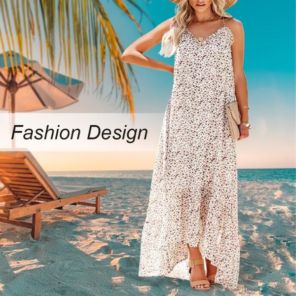 Robes décontractées longue maxi robe de plage imprimé floral haut bas volant asymétrique ourlet été licol cou femmes op dresscasual