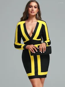 Casual Jurken Bandage Jurk Met Lange Mouwen Vrouwen Geel Bodycon Avondfeest Elegant Sexy Hollow Out Knielengte Club Outfits 2024