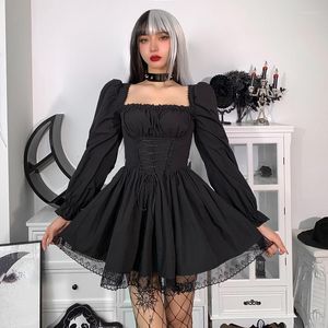 Robes décontractées à manches longues robe noire Goth bouffée taille haute Vintage pansement dentelle fête gothique vêtements princesse femme Vestidos