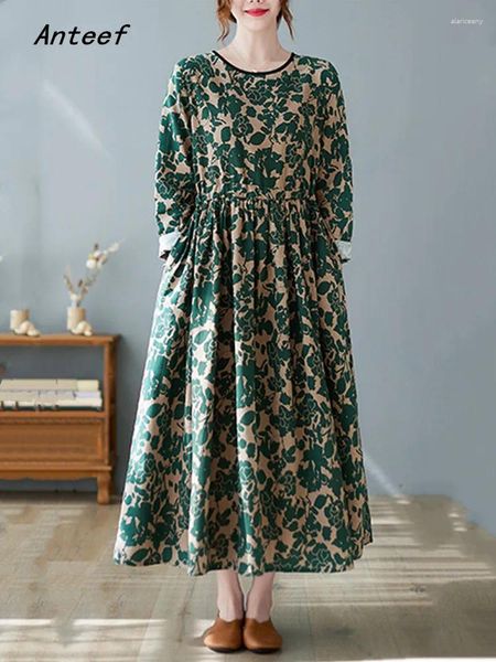 Vestidos casuales manga larga algodón lino vintage floral en para mujeres suelta primavera otoño vestido elegante ropa 2024