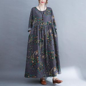 Robes décontractées à manches longues coton Vintage imprimé gris femmes lâche dames Robe élégante Robe Femme vêtements printemps automne 2023 WD29