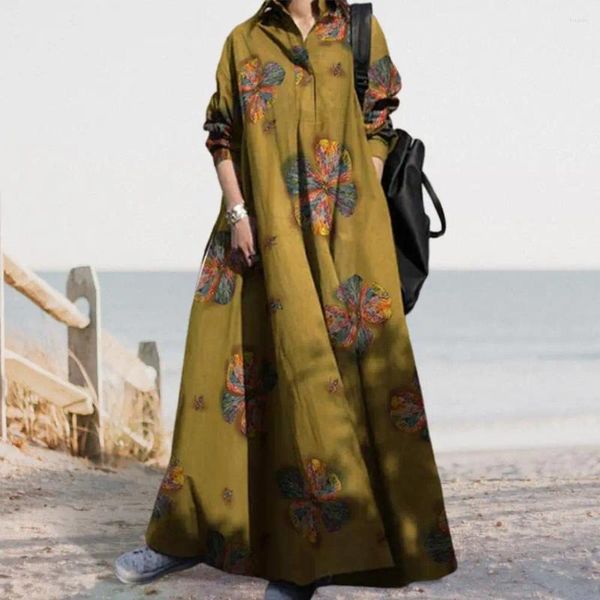Robes décontractées Robe à manches longues élégante style ethnique maxi avec imprimé floral col rabattu pour les femmes plus taille a-ligne cheville printemps