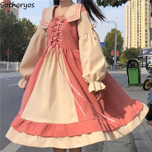 Robes décontractées Robe à manches longues Femmes Preppy Style Sailor Col Sweet Bandage Cascade Volants Patchwork Bow Empire A-Line Streetwear