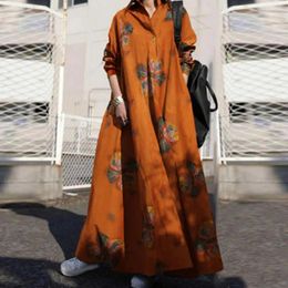 Robes décontractées Robe ethnique à manches longues à imprimé floral Maxi pour femmes avec manches à col rabattu A-ligne