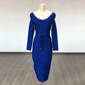 Casual jurken lange mouw mode sexy nachtjurk voor dames Royal Blue Belts Party Bandage knie lengte beroemde verjaardag outfits