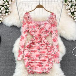 Casual Jurken Lange Mouw Bloemenprint Lente Herfst Vrouwen Vierkante Kraag Elastische Mesh Bodycon Jurk Dame Slanke Schede Plooien Mini