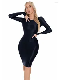 Robes décontractées à manches longues brillantes collants de robe midi brillant paquet hanche sexy vestido bodycon mifalda clubwear robe fantasy lingerie