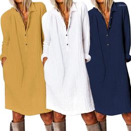 Robes décontractées manches longues genou longueur robes femme bouton tunique robe élégante col en V chemise robe femme automne robe d'été dame