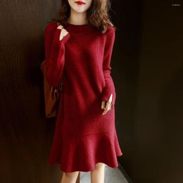 Vestidos casuales Jersey de punto de manga larga para mujer Otoño Invierno cuello redondo suéter vestido de oficina señora moda suelta tejido B167