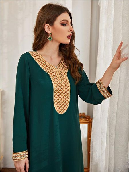 Vestidos casuales Vestido largo de manga larga para mujer Elegante Lentejuelas étnicas Costura Cuello en V Suelto Musulmán Ramadán Eid Abaya 4XL 3XL