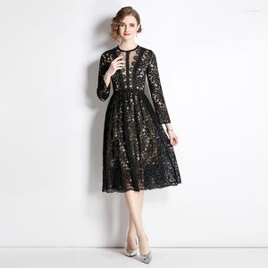 Casual jurken lange mouw midi zwarte kanten jurk vrouwen 2023 zomer herfst bloem borduurwerk prom vestidos mode