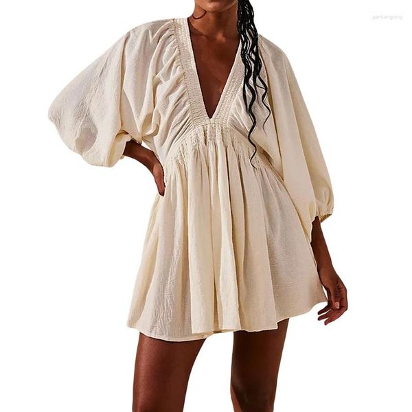 Robes décontractées Mini robe à manches longues pour femmes Y2K Col V profond Puff A Line 2024 Automne Babydoll Court Streetwear