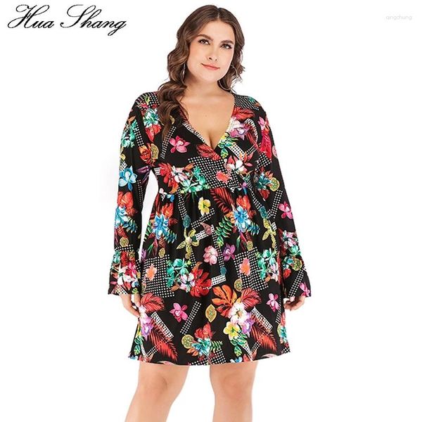 Robes décontractées à manches longues mini-robe plus taille Femme V couche couche fleurie à imprimé floral 6xl grande taille haute
