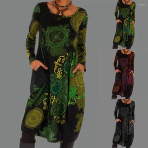 Casual jurken O-halsjurk met lange mouwen Retro Dames Knielange losse zakken met digitale print