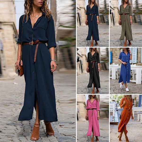 Robes décontractées bouton de couleur unie à manches longues robe en vrac formelle chemise en coton fashion automne revers élégant