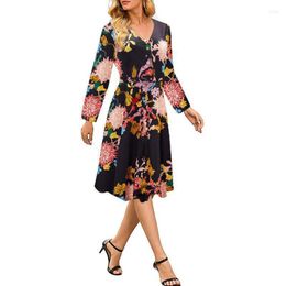 Robes décontractées à manches longues V-Neck Floral Print Midi Femmes Habiller Fashion Automne Vêtements d'hiver minces élégants