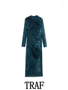Casual jurken lange mouw vintage geplooide lente herfst causale elegante slanke 2024 vrouw gedrukte zijden mesh midi jurk mode
