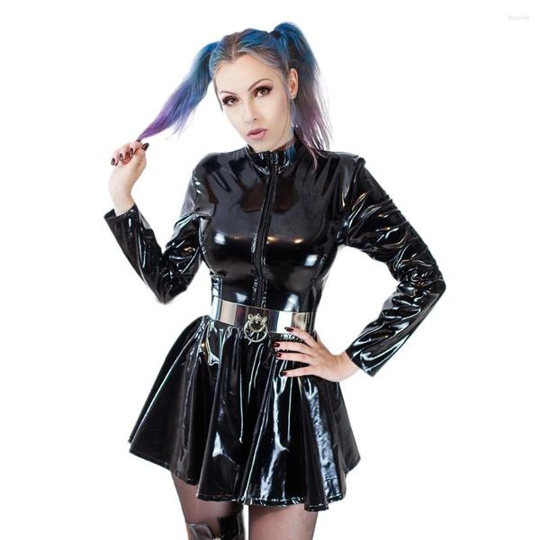 Vestidos casuales Manga larga Vinilo PVC Mini vestido acampanado Moto Girls Cremallera A-Line Wet Faux Latex Sexy Sissy Club Trajes Fiesta brillante