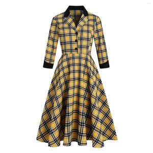 Vestidos casuales de manga larga de invierno Vintage 50s Rockabilly vestido a cuadros bata mujer estilo inglés amarillo mujeres Pin Up otoño fiesta Retro