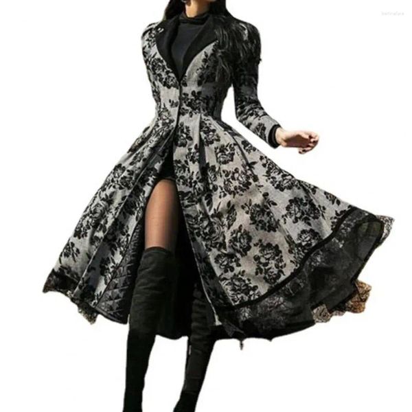 Robes décontractées manches longues femmes taille serrée gothique robe de soirée dentelle couture ourlet imprimé floral vintage costume médiéval