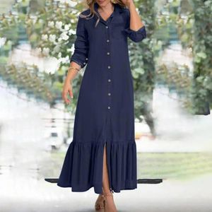 Robes décontractées Robe à manches longues Chemise à boutonnage simple Denim élégant Maxi avec volants Patchwork ourlet fluide pour le voyage