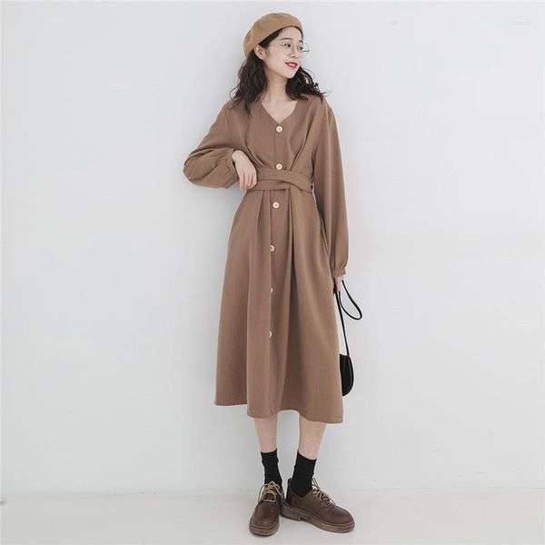 Vestidos casuales Mangas largas Otoño Invierno Estilo retro japonés Con cuello en v Vestido de cintura alta Vintage Ropa de mujer coreana Mujeres elegantes