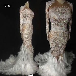 Robes décontractées manches longues robe de plume sirène diamant scintillant diamant danse sexy femmes scène anniversaire fête de mariage spandex concert