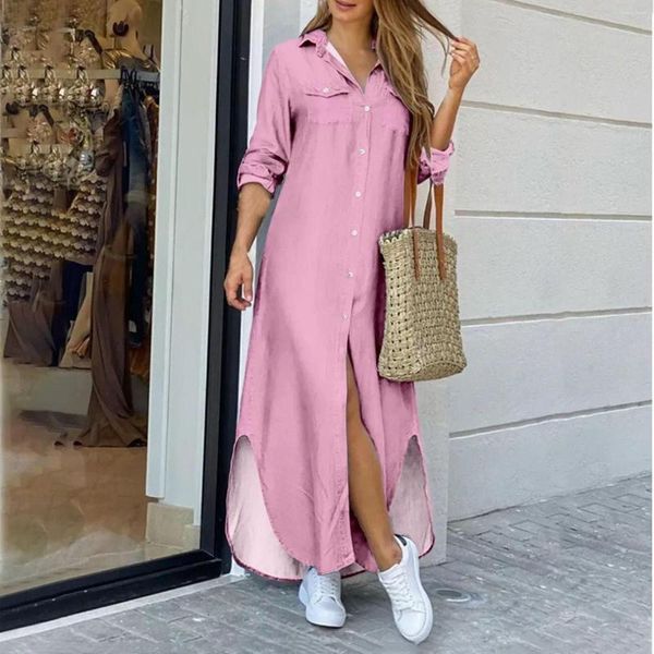 Vestidos casuales Vestido camisero largo de color sólido para mujer 2023 Primavera Verano Ropa de playa Vintage Oversize Side Slit Sundresses Robe