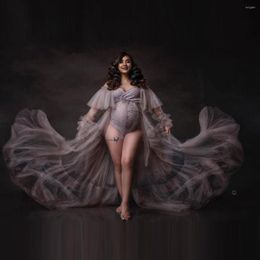 Robes Décontractées Longue Robe De Maternité En Tulle Plus La Taille Avec Le Train Doux Manches Courtes Fente Devant Voir À Travers La Robe De Chambre De Grossesse De Mariée