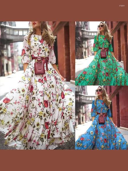 Vestidos casuales sueltos coloridos flores impresas maxi vestido mujer moda o-cuello manga corta gran dobladillo batas femenina chic alto streetwear vestidos