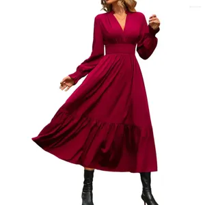 Casual jurken Los gesneden jurk Herfst Midi Elegante V-hals A-lijn met geplooid patchwork Hoge taille voor dames Effen kleur lang