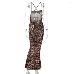 Casual jurken losgesneden geplooide jurk elegante luipaardprint maxi voor vrouwen spaghetti riem backless feest prom sundress off schouder