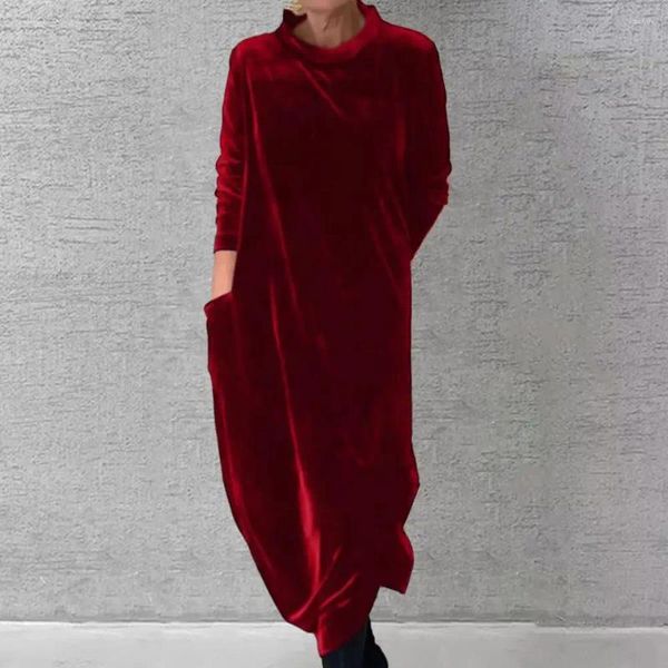 Vestidos informales Vestidos sueltos Pechero suave Soft Medio Longitud Midi con manga larga Color redondo para mujeres