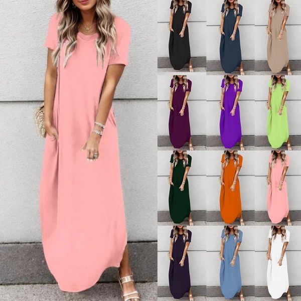 Vestidos casuales sueltos camisetas largas vestido mujer manga corta o cuello color sólido jersey howear robe bolsillos blancos más tamaño maxi