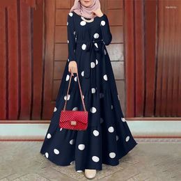 Robes décontractées Pull en vrac Sundress Abayas pour femmes manches longues vêtements de prière islamique conception bohème à pois imprimé robe musulmane